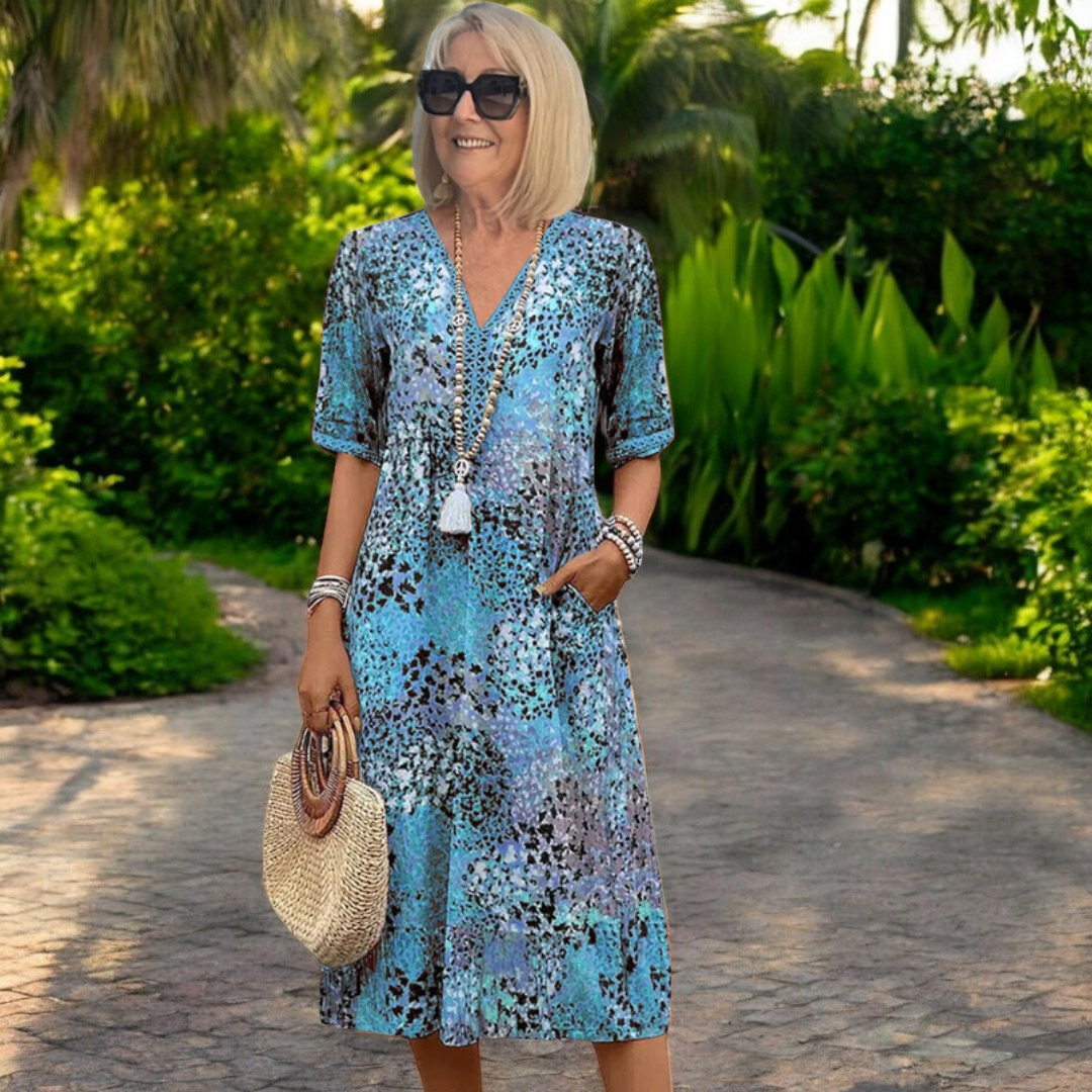 Lizzie | Boho Mosaic Print Summer Dress Blue, studio photo