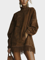 Fringed Suede Turtleneck Dress in Olive, Oversized