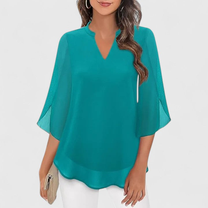 Yvette | Elegant V-Neck Blouse with Wide Sleeves Turquoise, studio photo