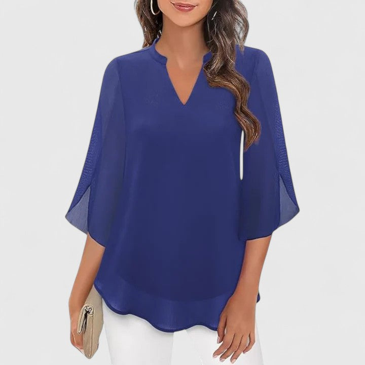 Yvette | Elegant V-Neck Blouse with Wide Sleeves Blue, studio photo