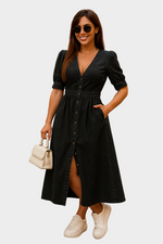 Buttoned 3/4-Sleeve Denim Maxi Dress