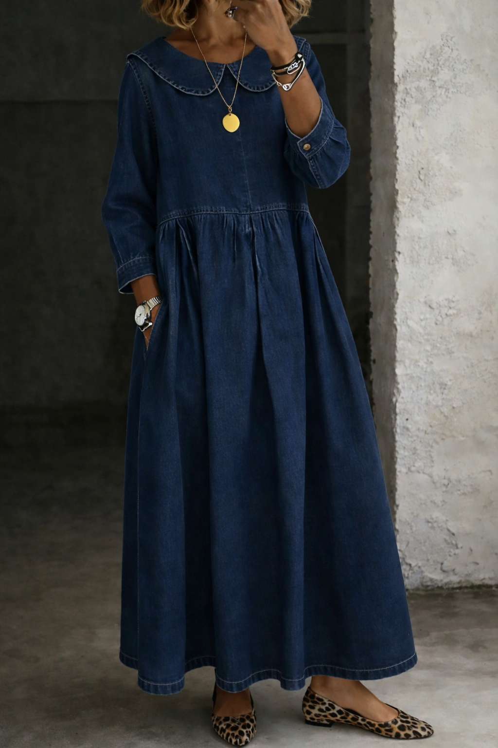 Peter Pan Collar Denim Maxi Dress Navy, studio photo