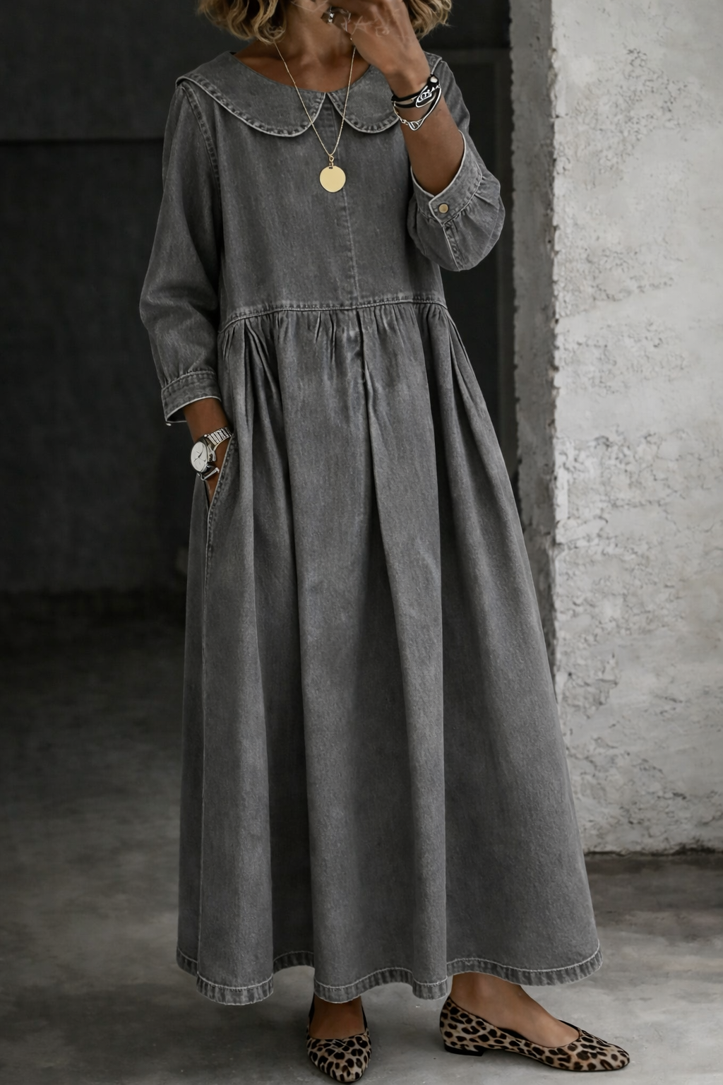 Peter Pan Collar Denim Maxi Dress Grey, studio photo