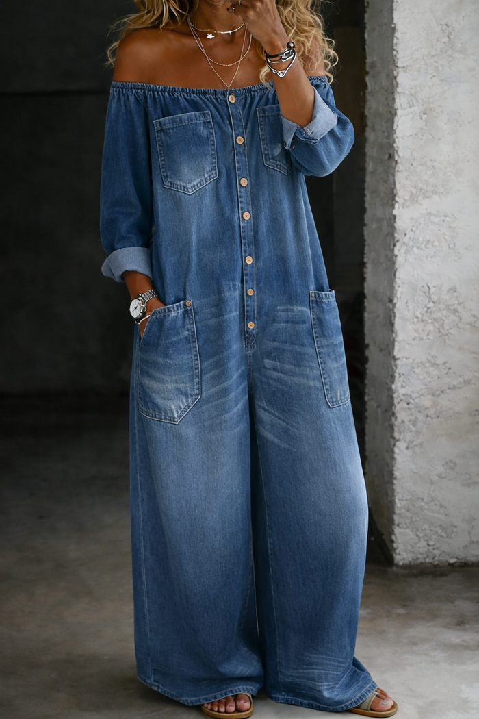 Off-the-Shoulder Long-Sleeve Denim Jumpsuit