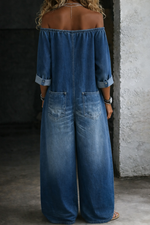 Off-the-Shoulder Long-Sleeve Denim Jumpsuit