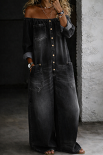 Off-the-Shoulder Long-Sleeve Denim Jumpsuit
