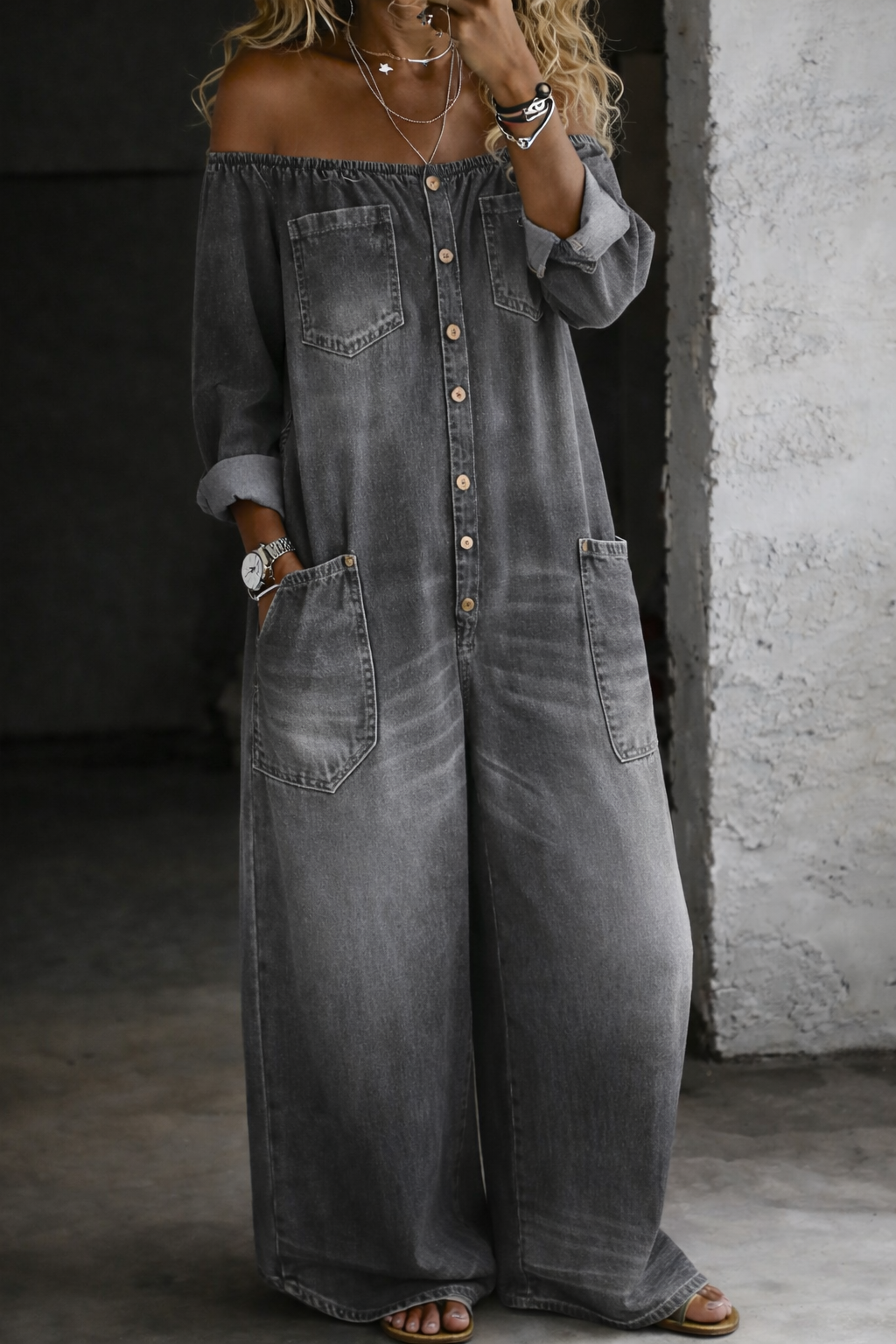 Off-the-Shoulder Long-Sleeve Denim Jumpsuit Grey, studio photo