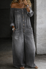 Off-the-Shoulder Long-Sleeve Denim Jumpsuit