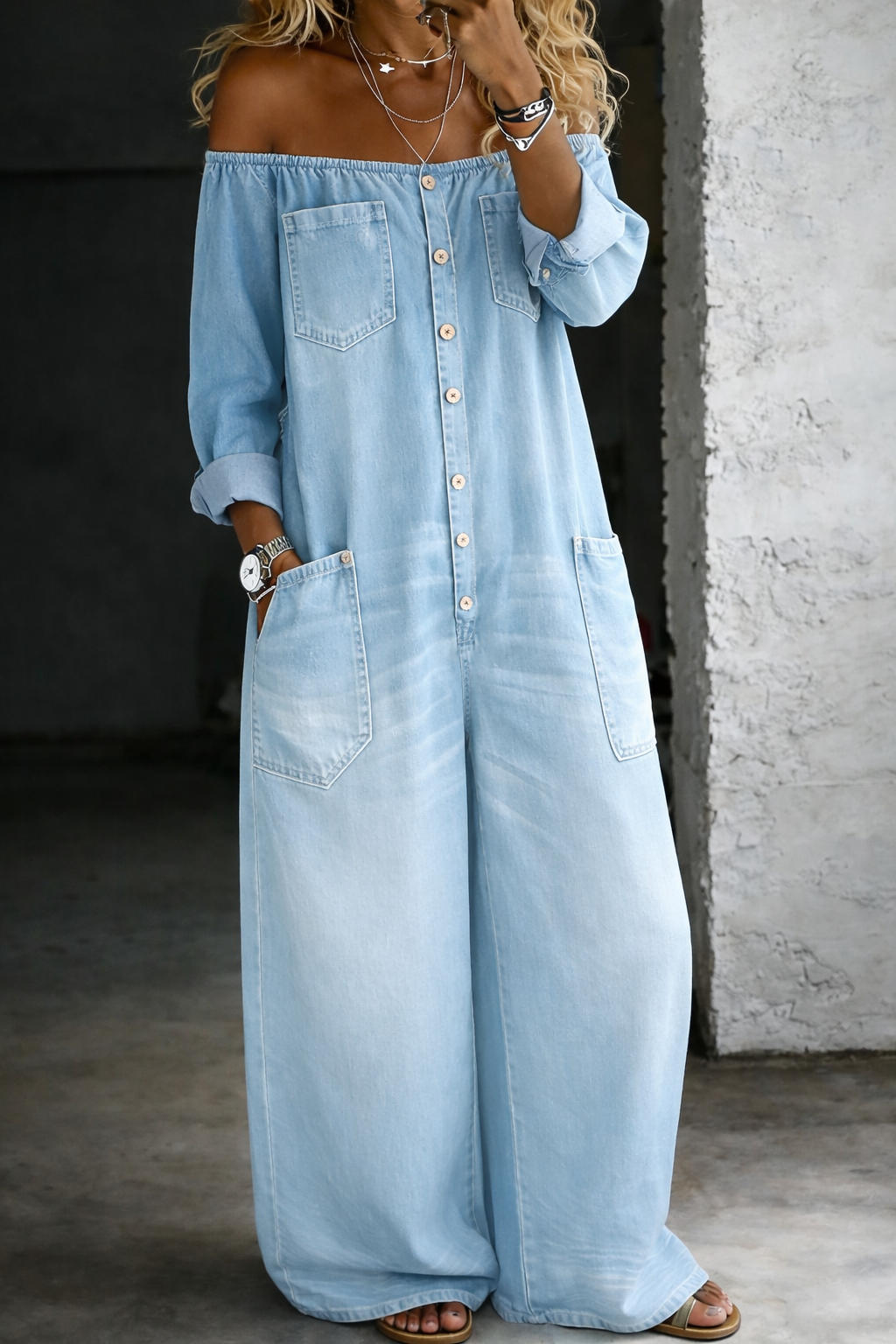 Off-the-Shoulder Long-Sleeve Denim Jumpsuit Light Blue, studio photo