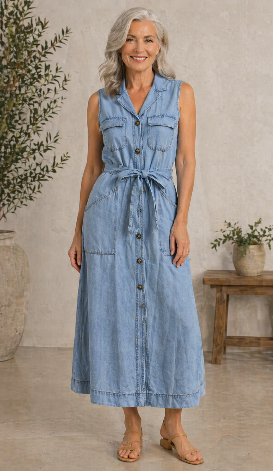 Sleeveless Light Blue Denim Maxi Dress
