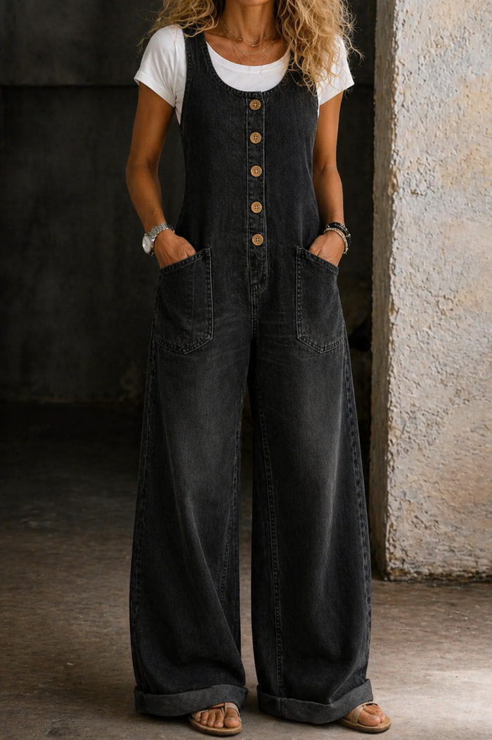 Black Washed Cotton Overalls