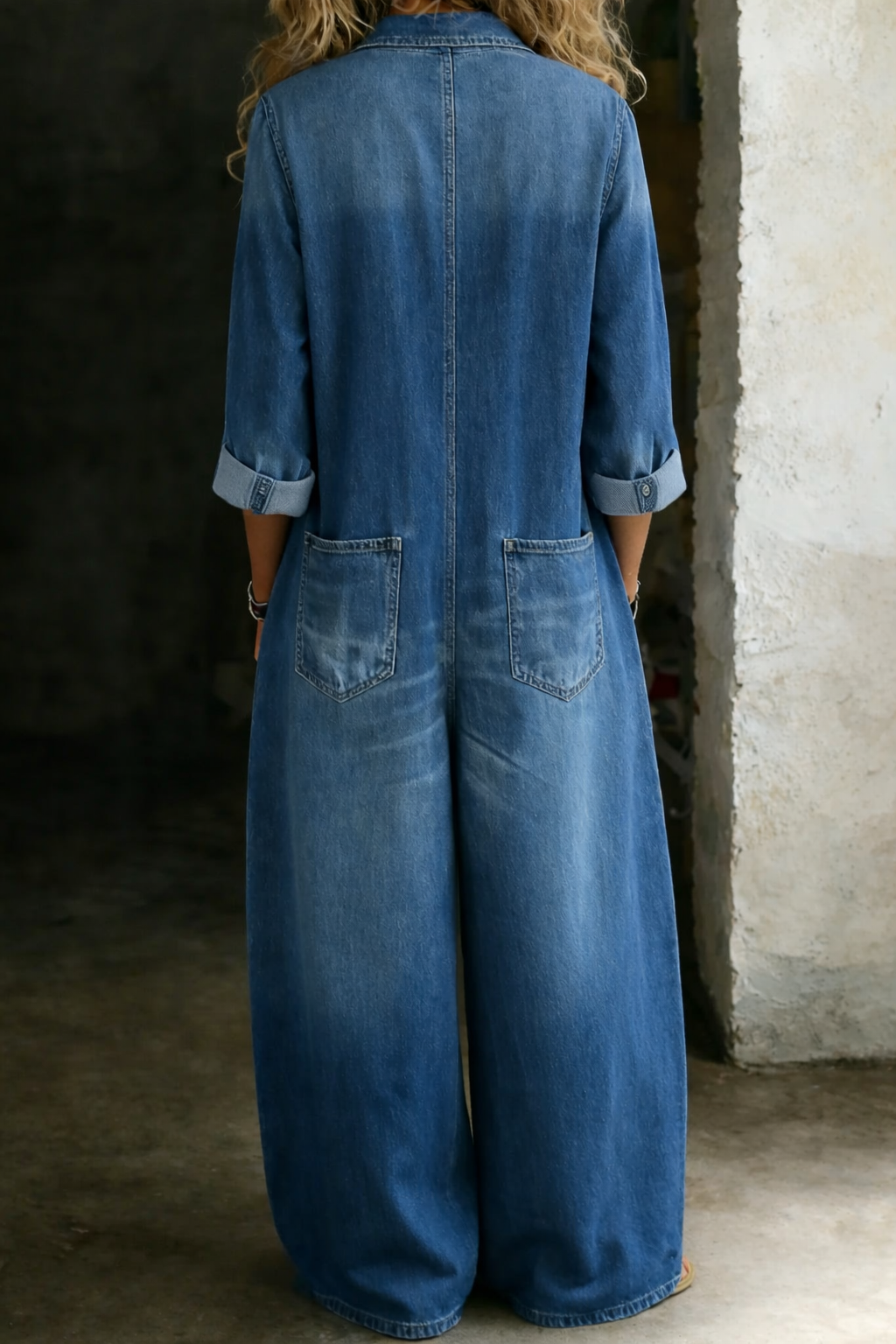 Buttoned Wide-Leg Denim Jumpsuit