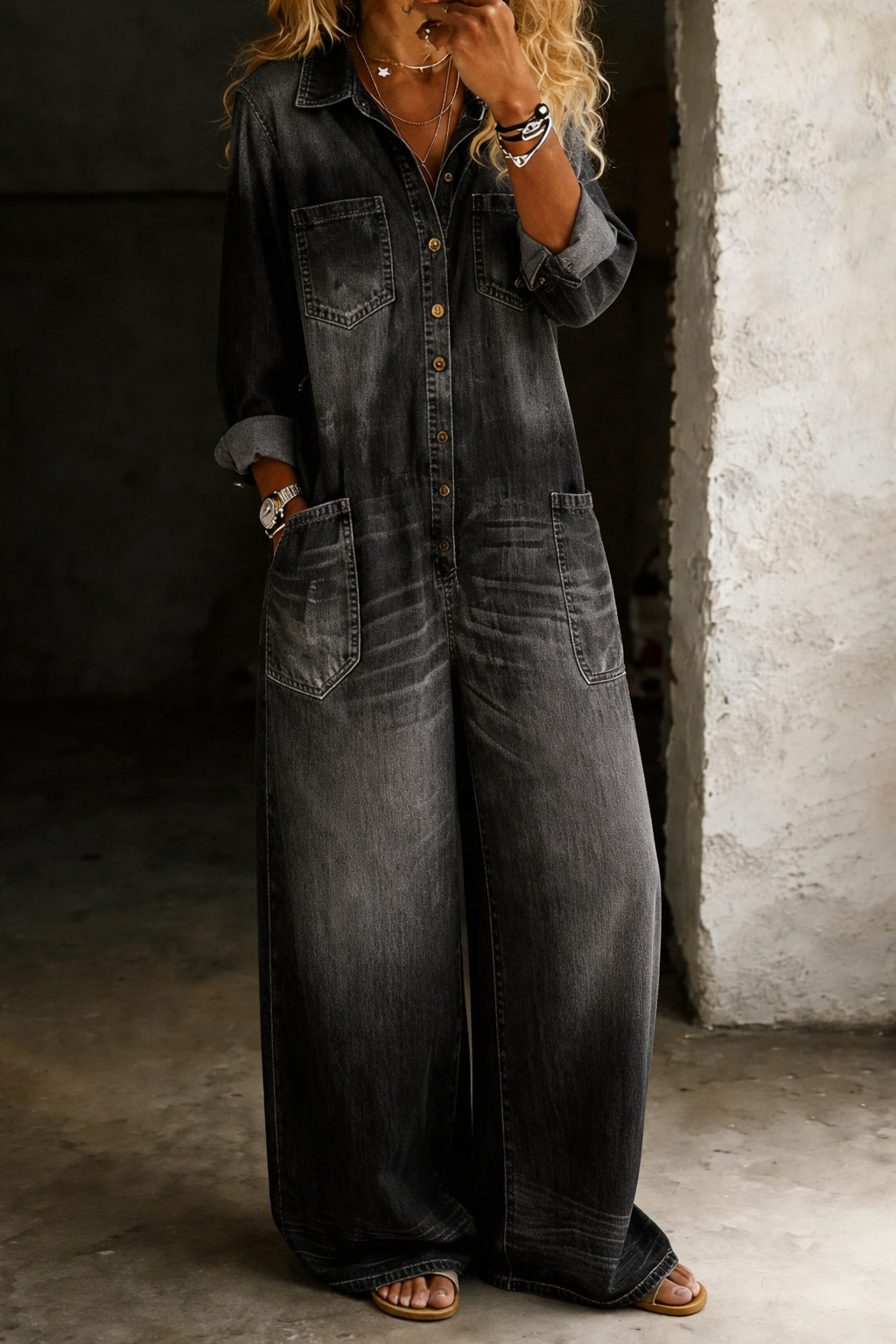 Buttoned Wide-Leg Denim Jumpsuit Black, studio photo