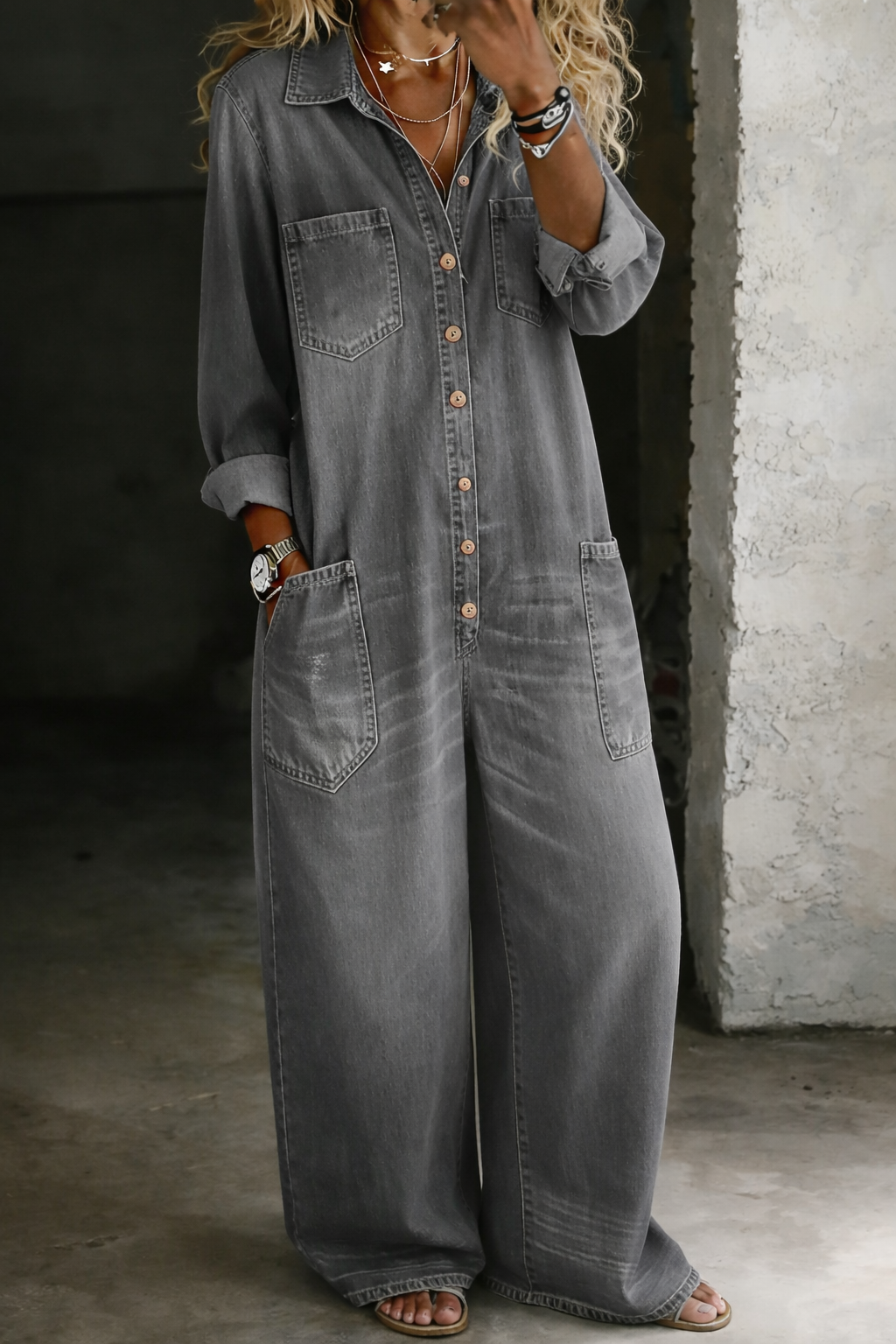 Buttoned Wide-Leg Denim Jumpsuit Grey, studio photo