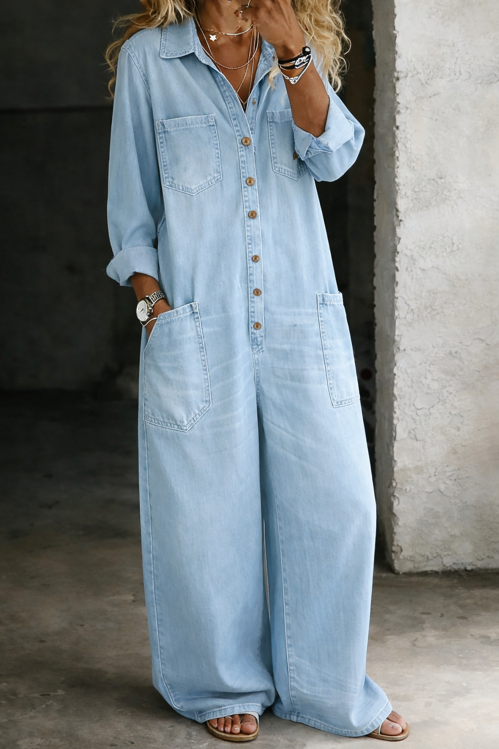 Buttoned Wide-Leg Denim Jumpsuit Light Blue, studio photo