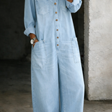 Buttoned Wide-Leg Denim Jumpsuit