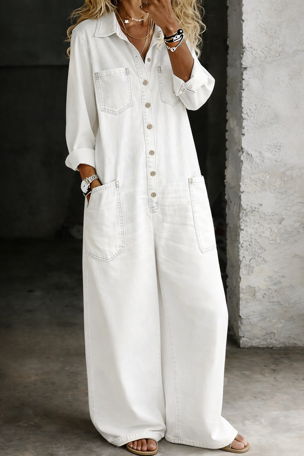 Buttoned Wide-Leg Denim Jumpsuit White, studio photo
