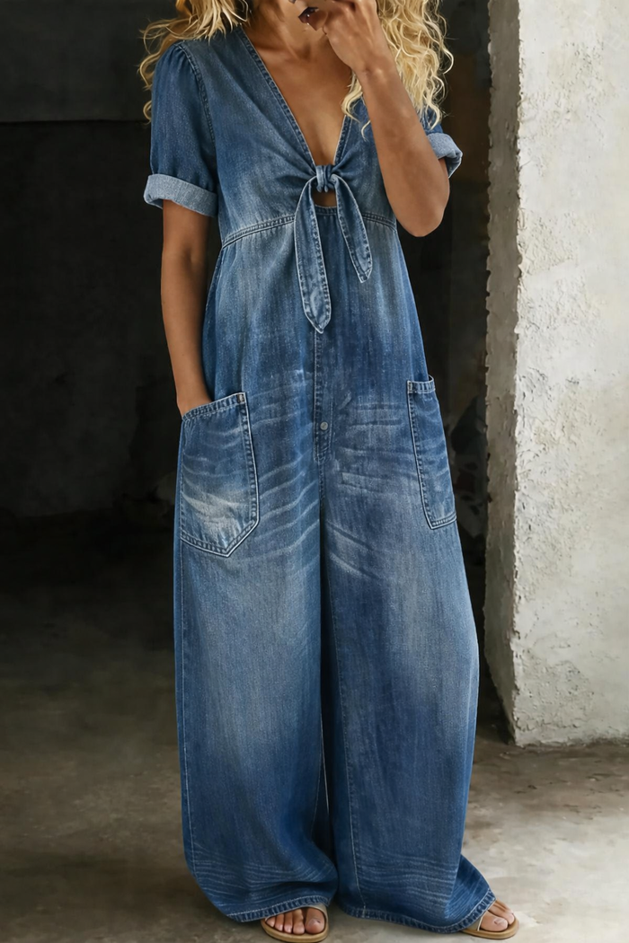 V-Neck Short-Sleeve Denim Jumpsuit