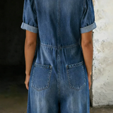 V-Neck Short-Sleeve Denim Jumpsuit