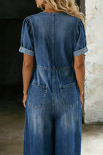 V-Neck Short-Sleeve Denim Jumpsuit