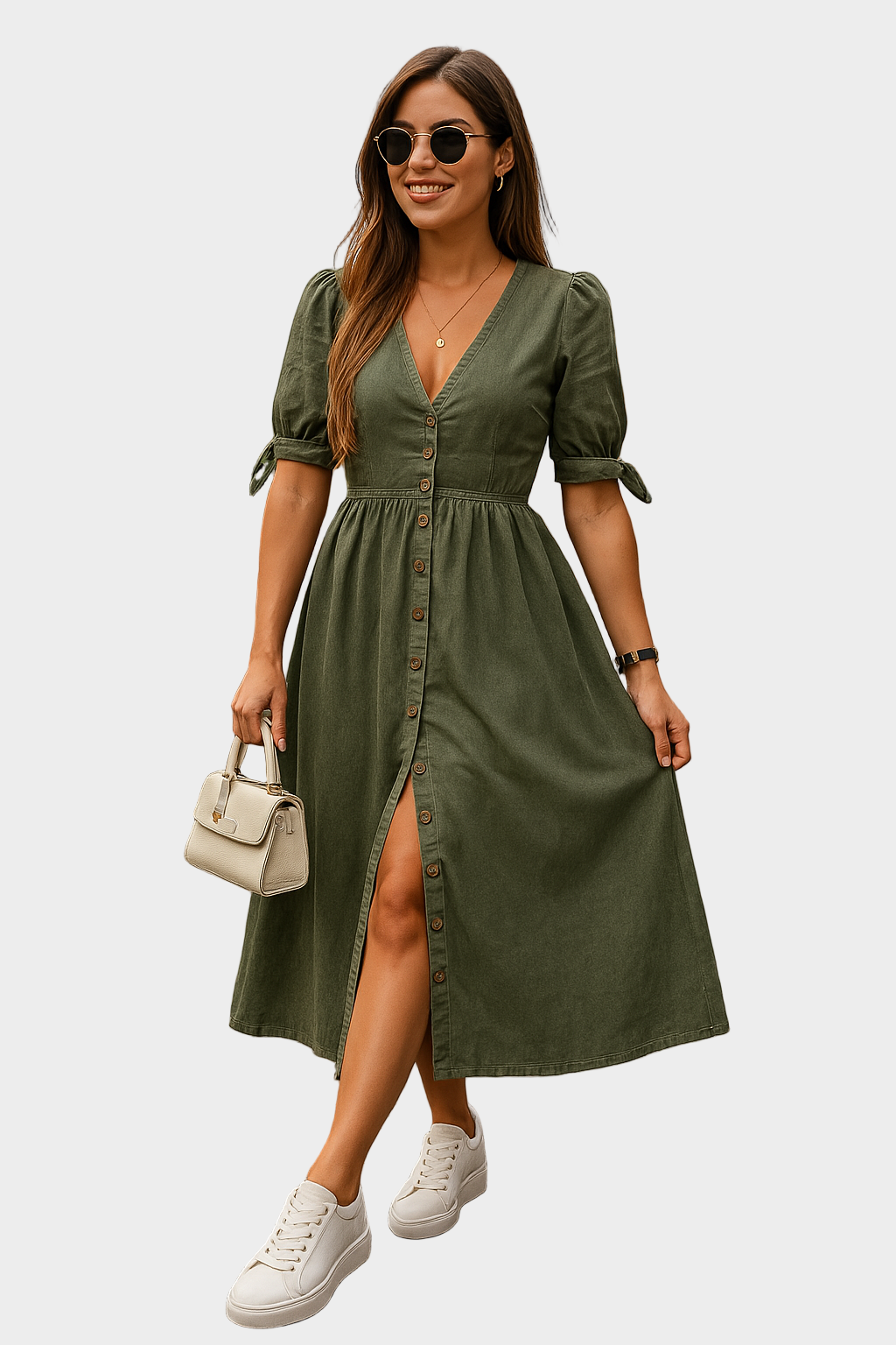 Buttoned 3/4-Sleeve Denim Maxi Dress Green, studio photo