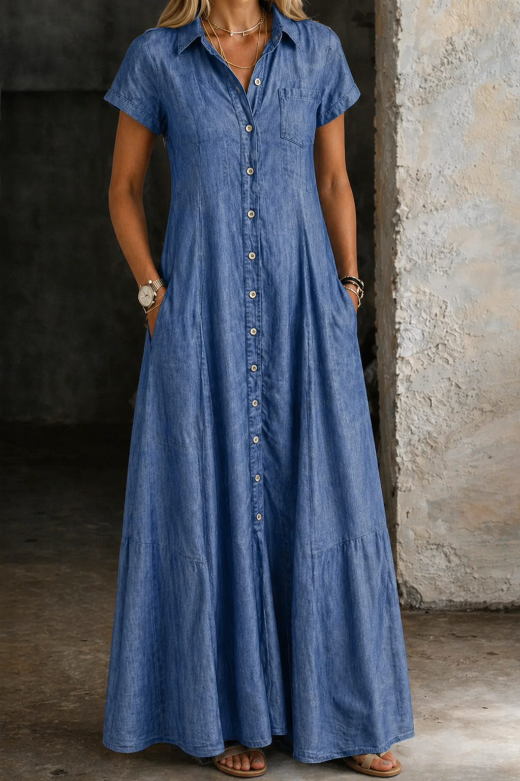 Flared Denim Maxi Shirt Dress Light Blue, studio photo