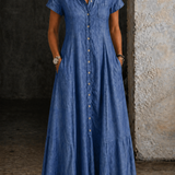 Flared Denim Maxi Shirt Dress