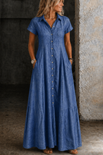 Flared Denim Maxi Shirt Dress