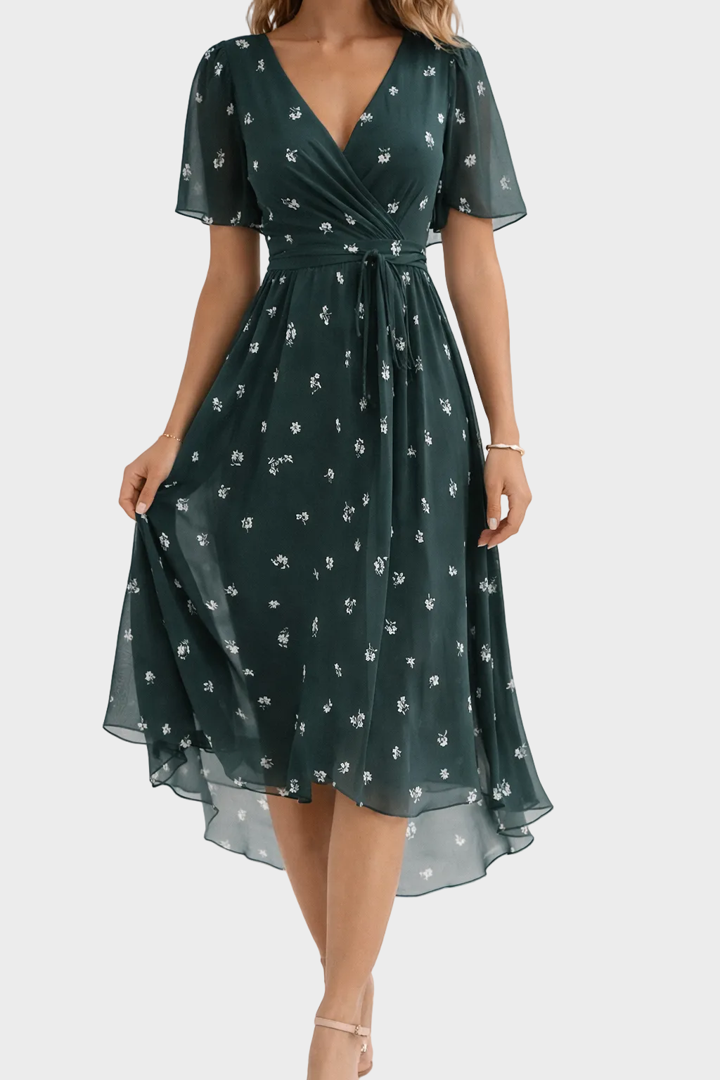 Mia | Elegant Short Floral Dress Green, photo studio