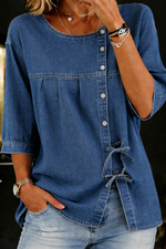 Vintage Denim Longline Blouse with Bows