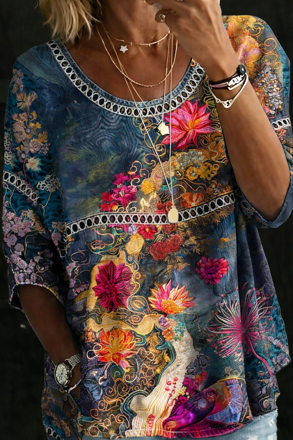 Vintage Floral Print Denim Blouse