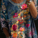 Vintage Floral Print Denim Blouse
