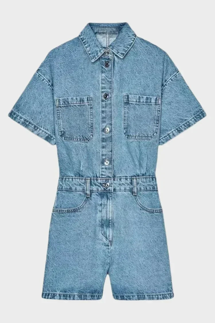 Fitted Collared Denim Overalls