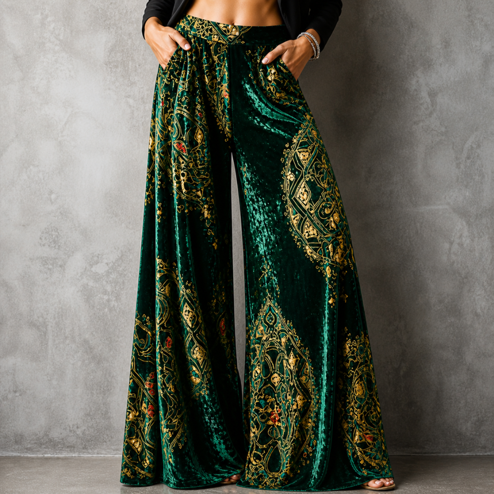 Lucy Boho Wide-Leg Pants Emerald, photo studio