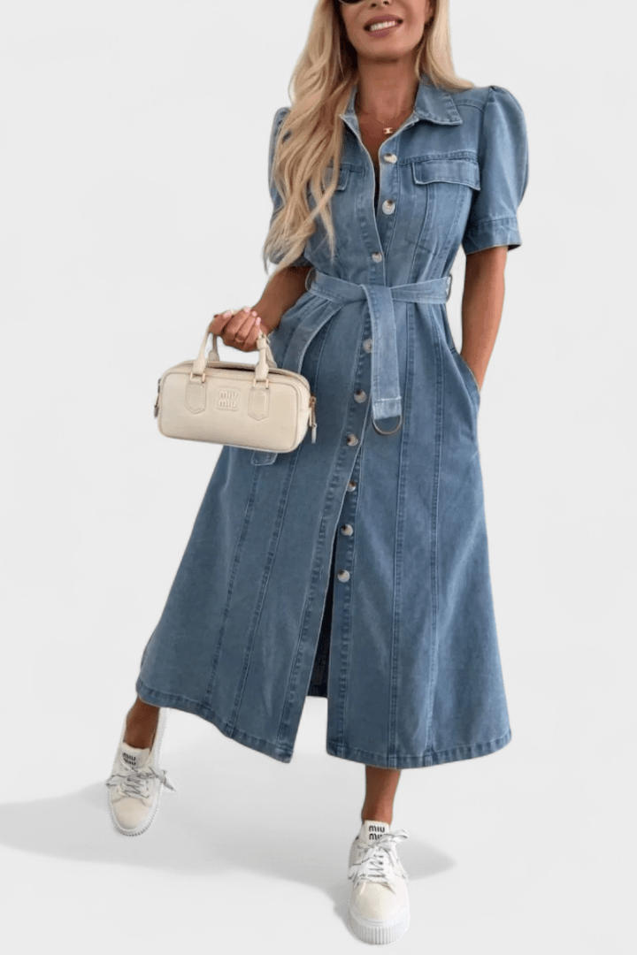 Belted Denim Midi Shirt Dress