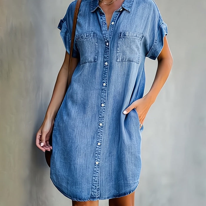 Short-Sleeve Denim Shirt Dress