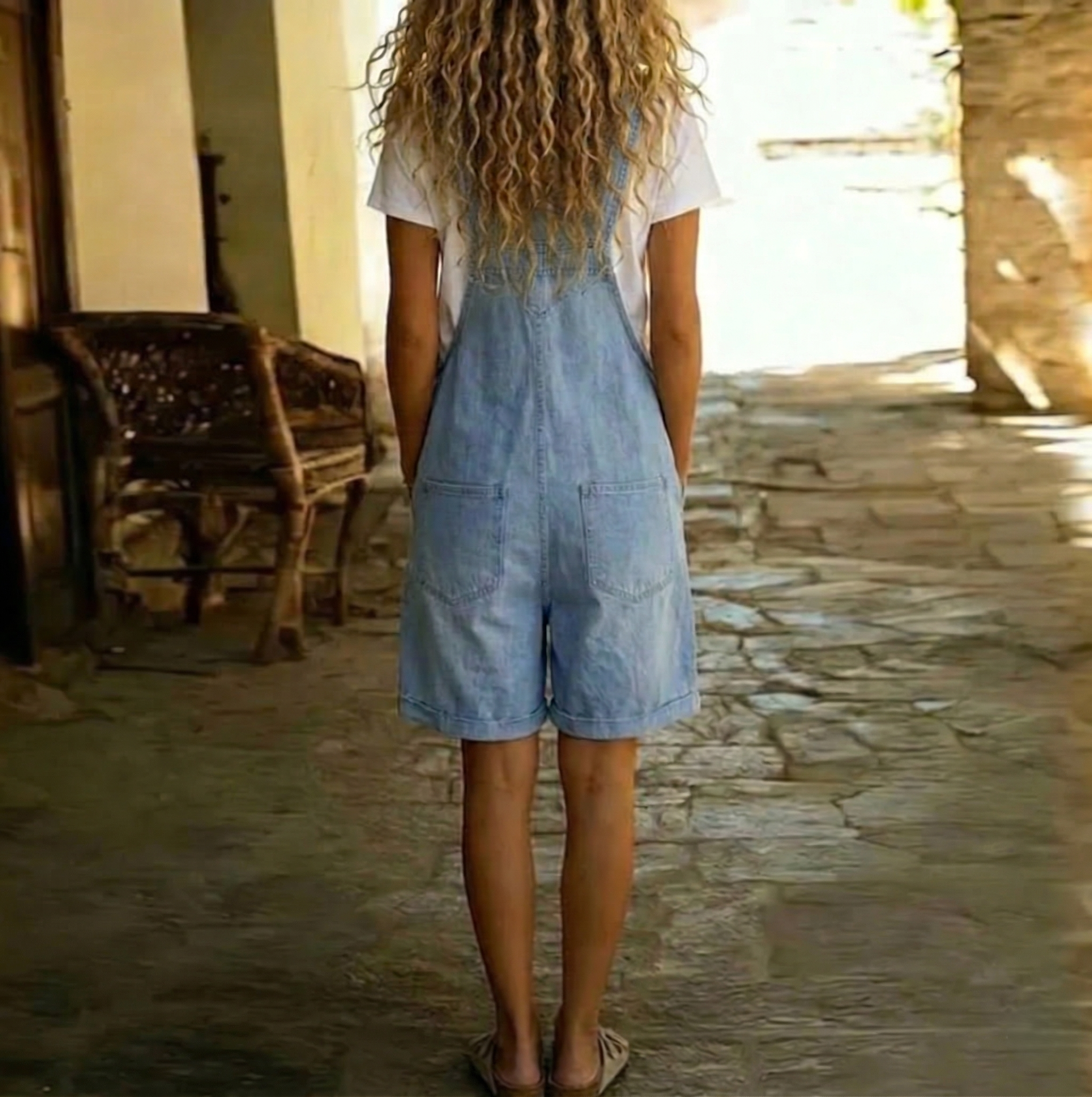 Denim-Look Cotton Short Overalls