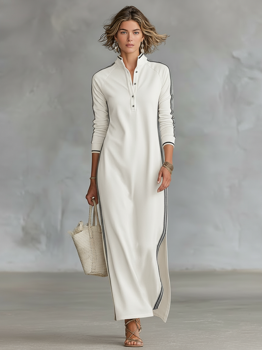 Maya | Contrast-Trim Maxi Shirt Dress Khaki, studio photo