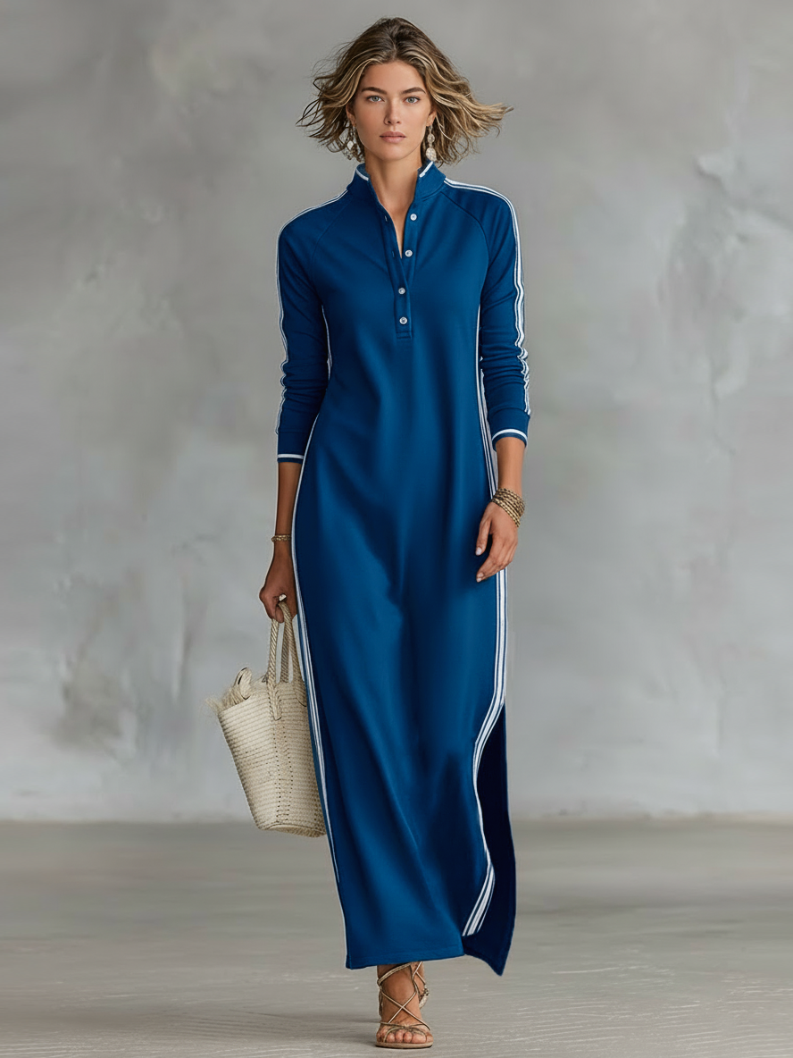 Maya | Contrast-Trim Maxi Shirt Dress Royal Blue, studio photo