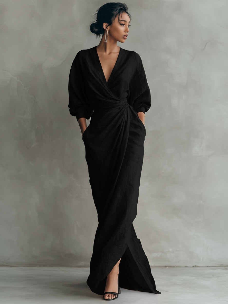 Sophie | V-Neck Linen Maxi Dress Black, studio photo
