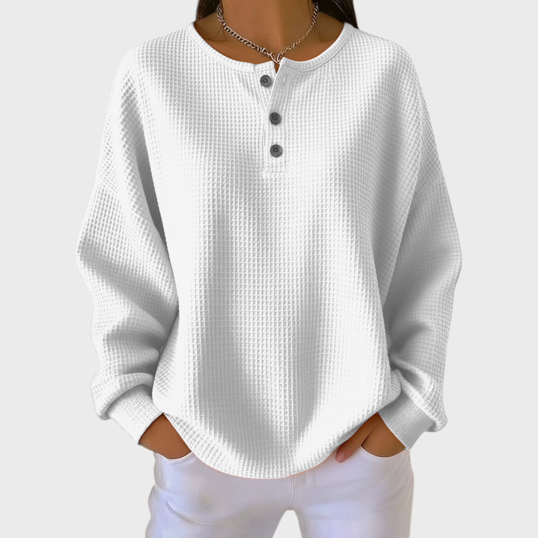 Plain Button Waffle Jumper White, studio photo