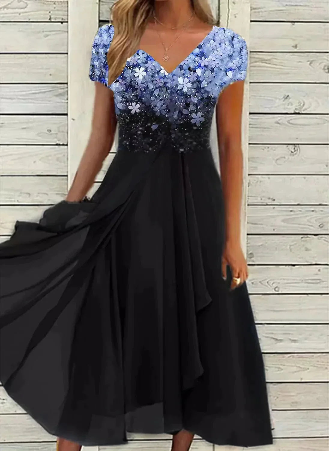 Cressida | Draped Evening Dress with Detailed Bodice Blue Black, studio photo