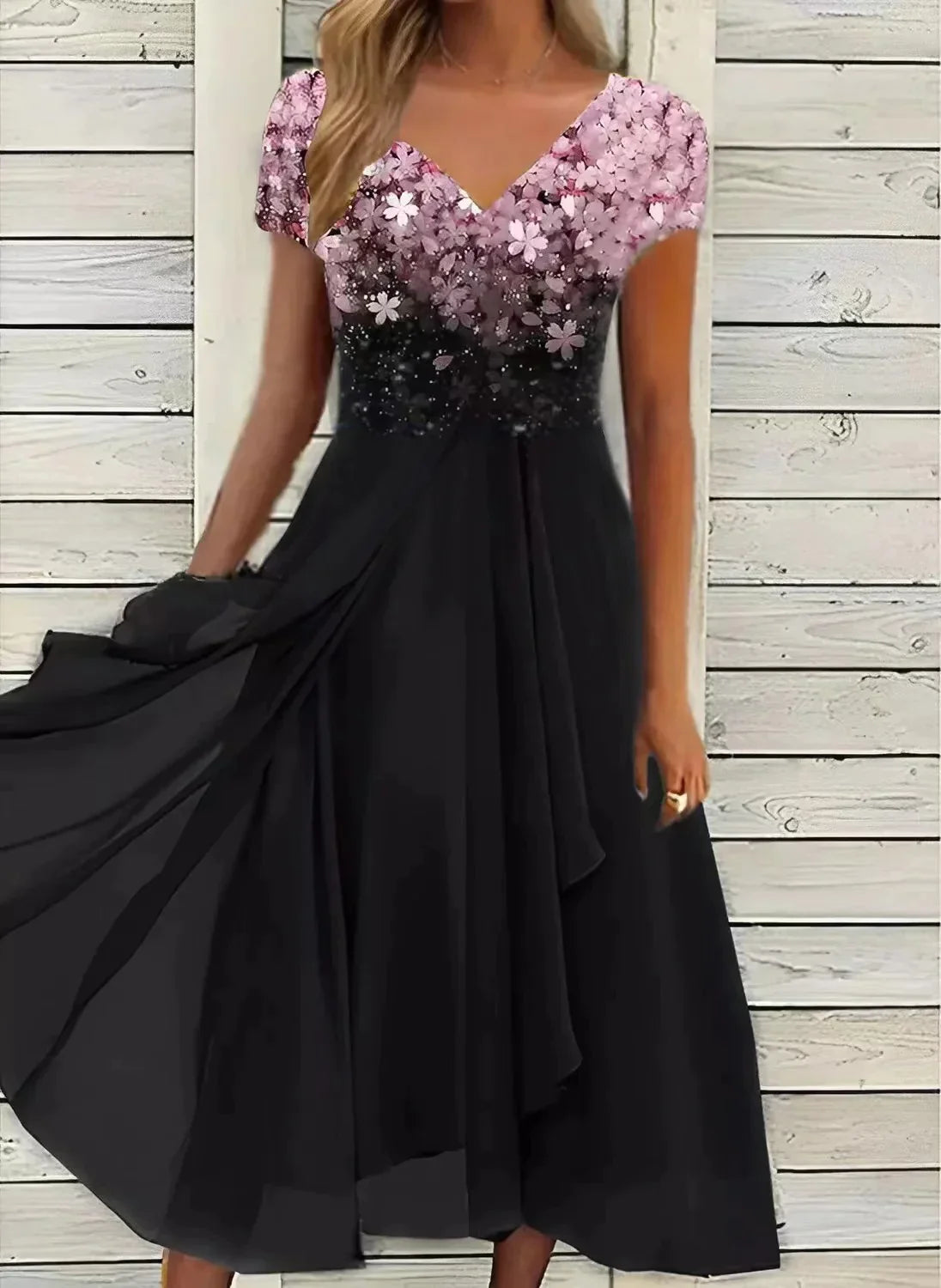 Cressida | Draped Evening Dress with Detailed Bodice Pink Black, studio photo