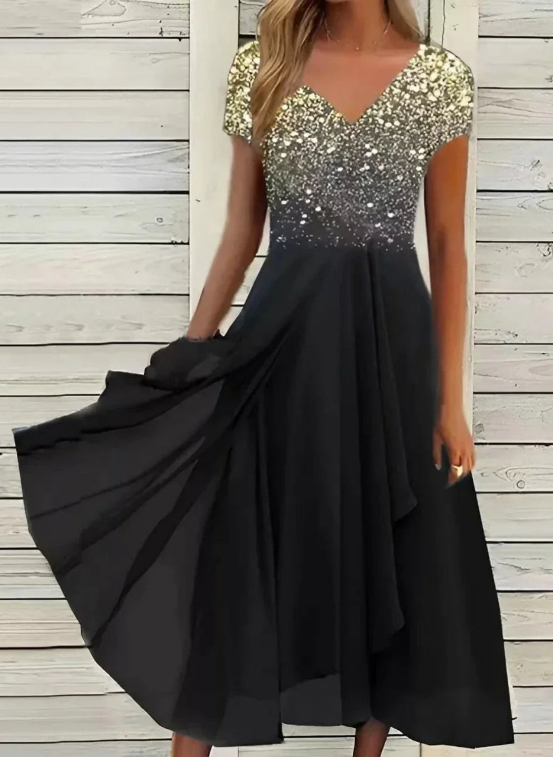 Cressida | Draped Evening Dress with Detailed Bodice Black Gold, studio photo