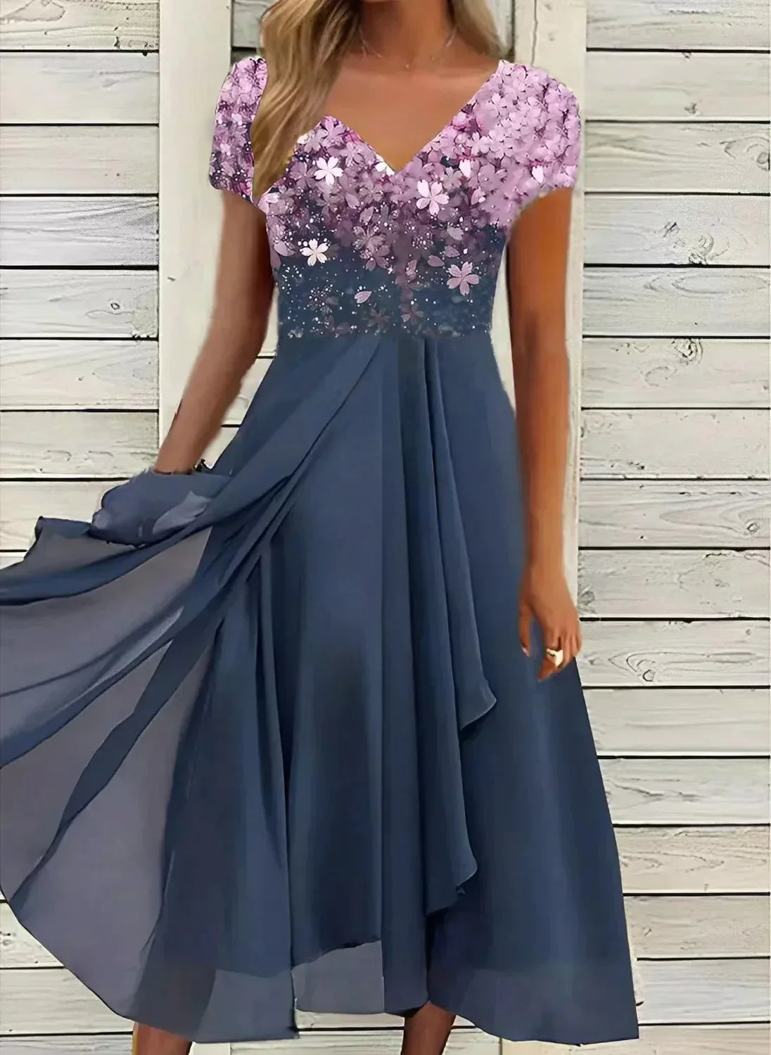 Cressida | Draped Evening Dress with Detailed Bodice Pink Blue, studio photo