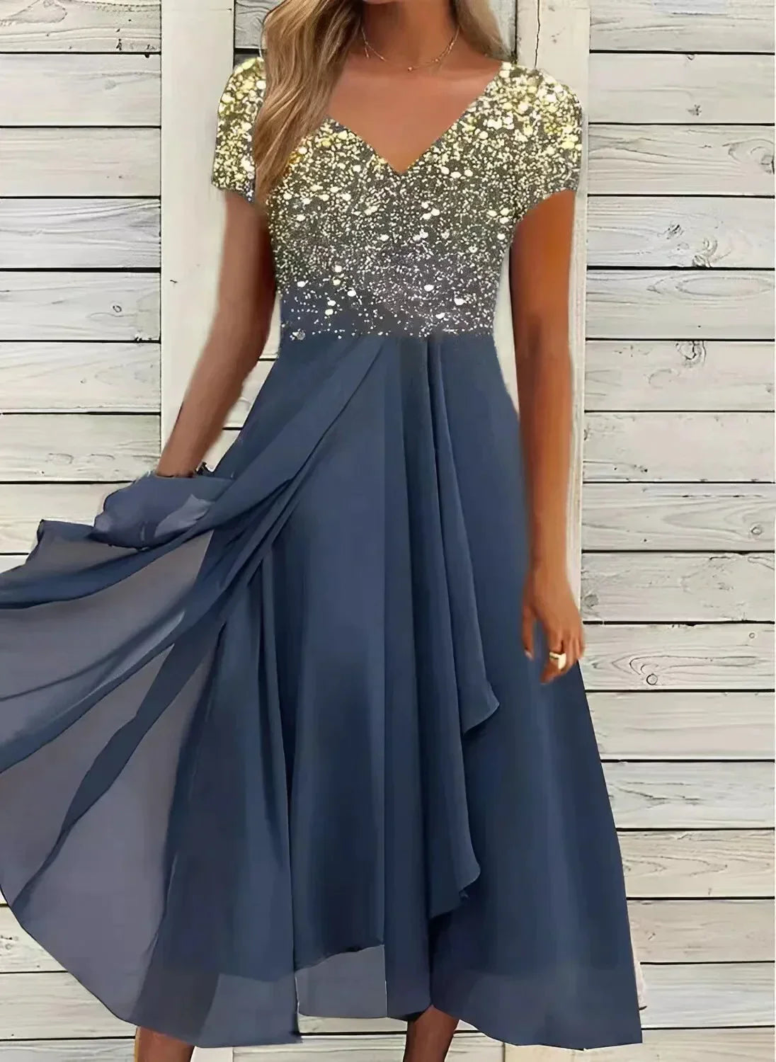 Cressida | Draped Evening Dress with Detailed Bodice Gold-Blue, studio photo