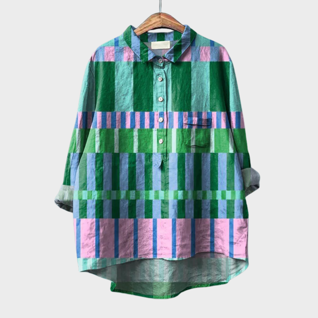 Elegant Summer Blouse in Rainbow Check Green, photo studio