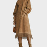 Fringed Suede Turtleneck Dress in Olive, Midi