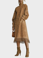 Fringed Suede Turtleneck Dress in Olive, Midi
