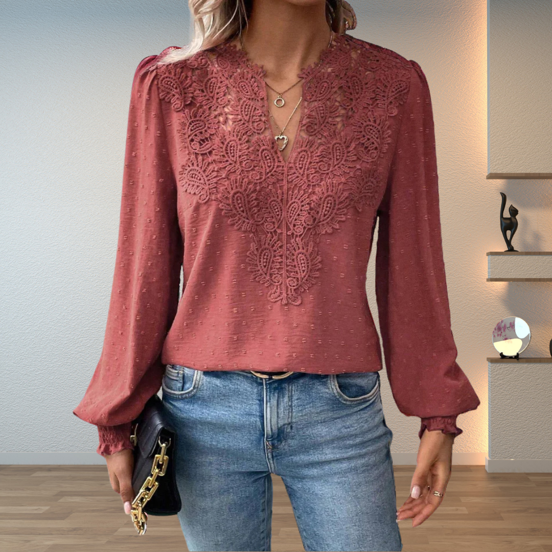Tess | Openwork Panel Blouse with Balloon Sleeves Red, studio photo